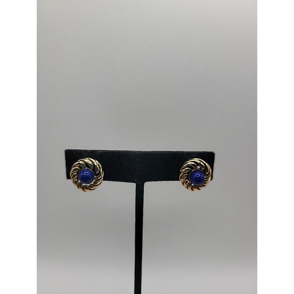 Vintage Avon Blue Cabochon Gold Tone Rope Clip On Earrings Jewelry